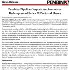 Pembina Pipeline Corporation Announces Redemption of Series 22 Preferred Shares