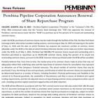 Pembina Pipeline Corporation Announces Renewal of Share Repurchase Program