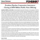 Pembina Pipeline Corporation Announces Closing of $950 Million Public Note Offering